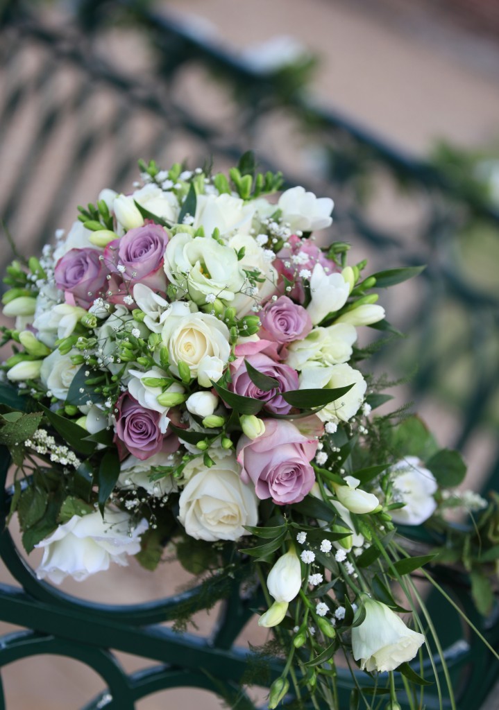wedding bouquet in cream and purple