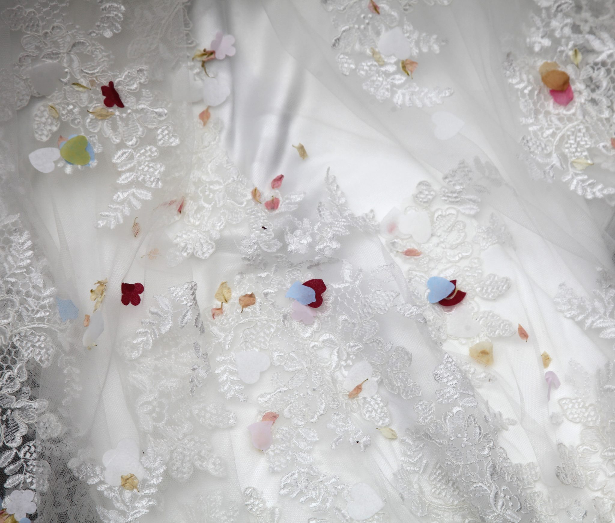 Confetti on wedding dress