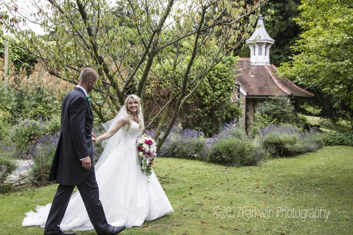 Bride and groom in Lavender Garden at Hunton Park
